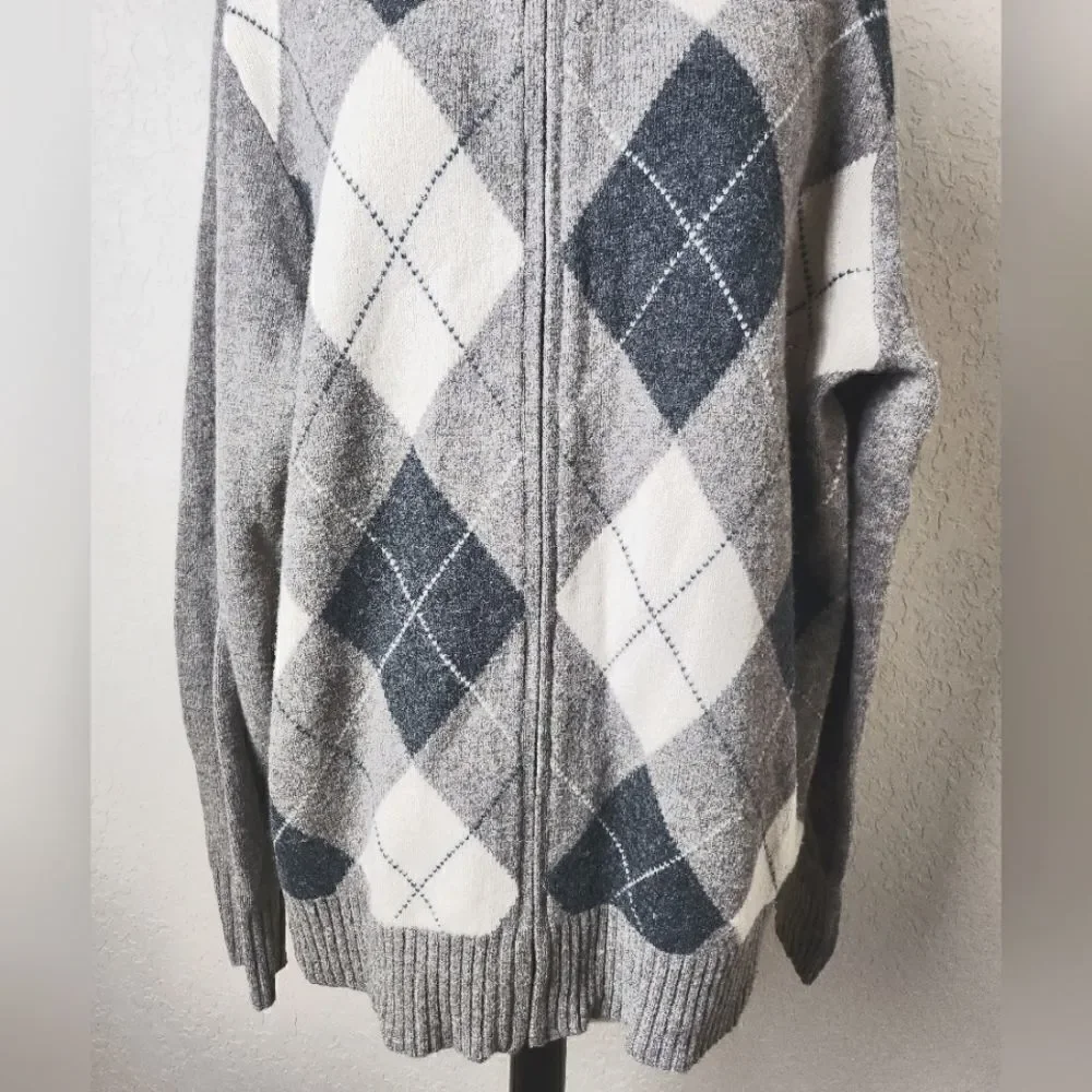 J. Crew Lambwools Argyle Zip-Up Elbow Patch Sweater Cardigan Gray  Size L